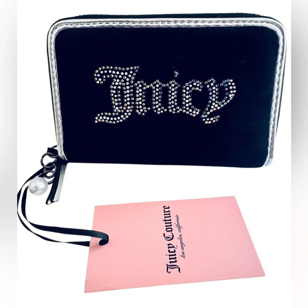 Juicy Couture Rhinestone Black Velour Zipper Wallet - NWT